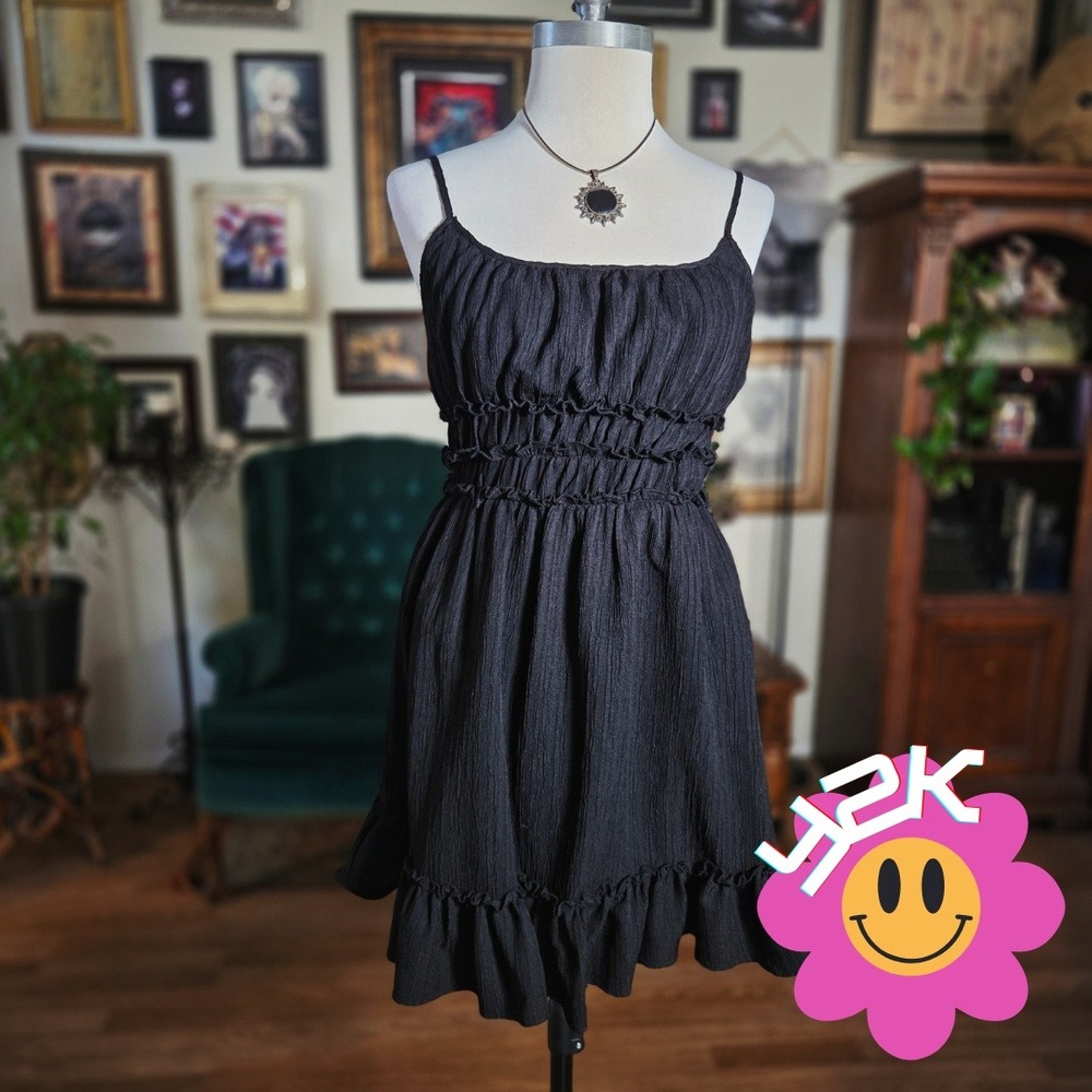 Vintage Y2K Liberty Love‎ Black Ruffle Spaghetti Strap Smocked Waist Mini Dress